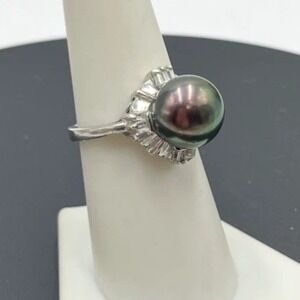 Large 10mm Gray Peacock‎ Genuine Black Pearl Ring Sterling Silver Halo CZ Sz 7